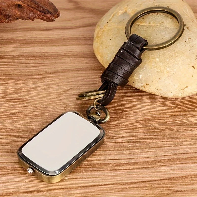 Bronze Square Pocket Watch Keychain - Vintage Double-Movement Quartz Pendant Watch with Antique Style