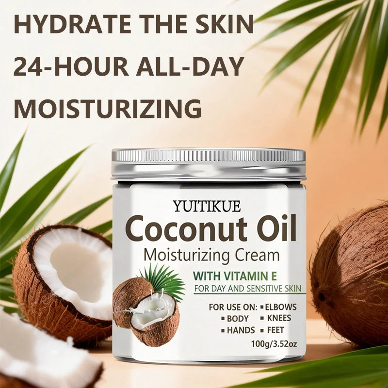 Coconut Oil Moisturizing Cream with Vitamin E - Day & Sensitive Skin Care for Hands, Feet, Elbows & Knees 100g