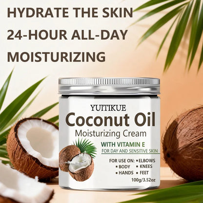 Coconut Oil Moisturizing Cream with Vitamin E - Day & Sensitive Skin Care for Hands, Feet, Elbows & Knees 100g
