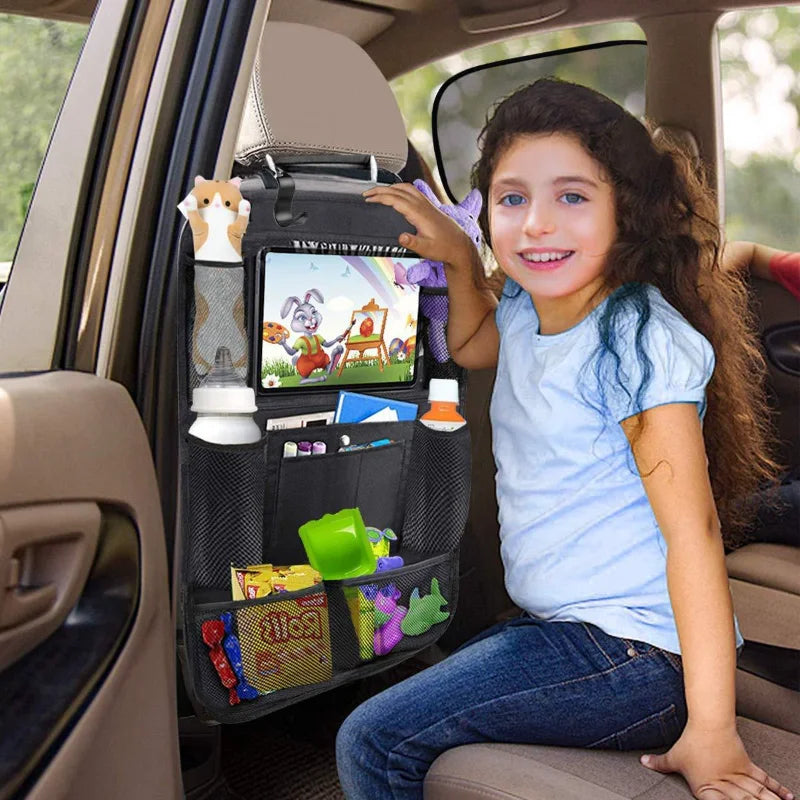 Car Backseat Organizer with Touch Screen Tablet Holder - Auto Storage Pockets & Seat Protectors