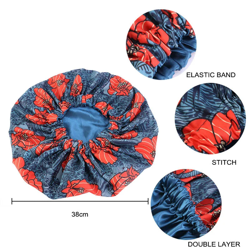 Women’s Double-Layer Satin Bonnet - African Ankara Floral Print Adjustable Reusable Sleep Cap for Hair Care