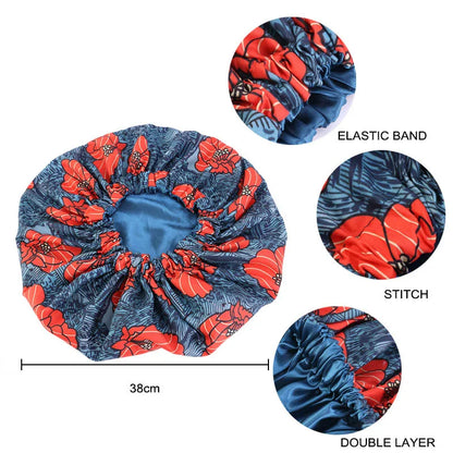 Women’s Double-Layer Satin Bonnet - African Ankara Floral Print Adjustable Reusable Sleep Cap for Hair Care