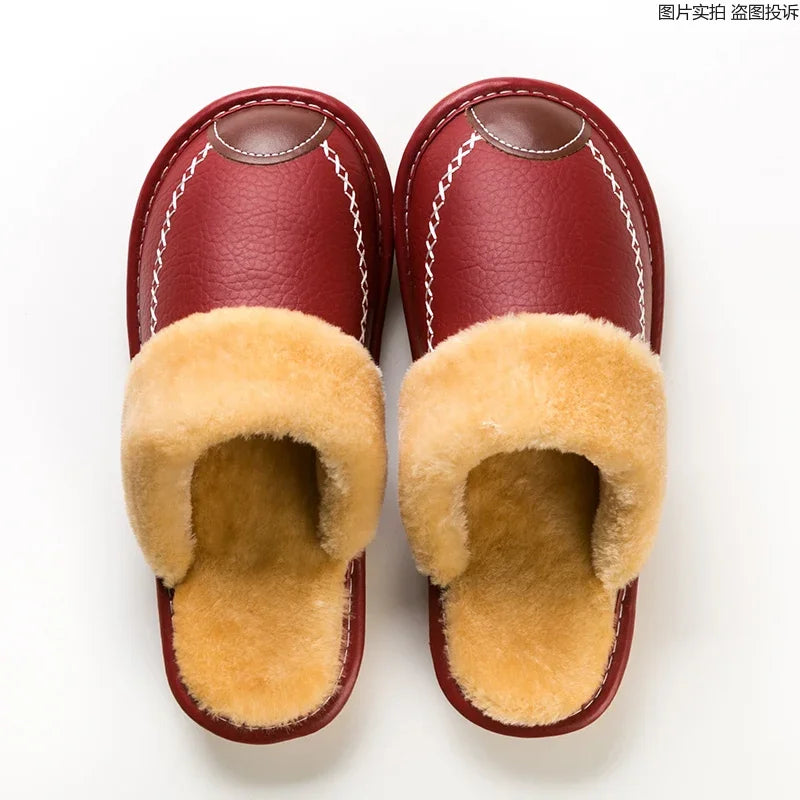 Men & Women Winter PU Leather Slippers — Black Waterproof Indoor Home Shoes, Warm Cozy House Slippers