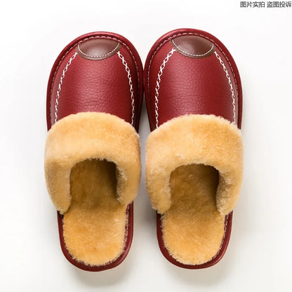 Men & Women Winter PU Leather Slippers — Black Waterproof Indoor Home Shoes, Warm Cozy House Slippers