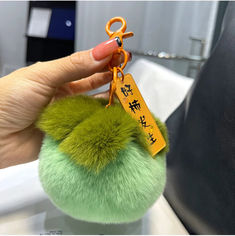 2024 Real Rabbit Fur Mini Persimmon Keychain – Cute Plush Rex Fur Pendant for Bags, Cars, and Gifts