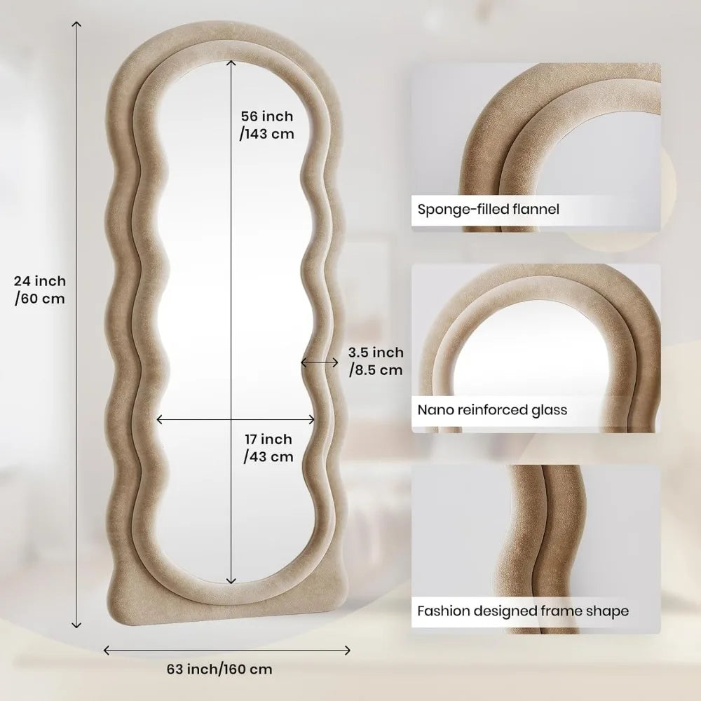Full-Length Arched Floor Mirror – 63"x24" Wavy Full Body Mirror with Stand, Wall Mounted Leaning Milk Tea Flannel Frame