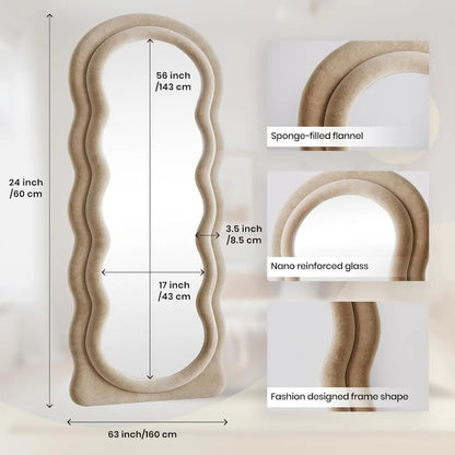 Full-Length Arched Floor Mirror – 63"x24" Wavy Full Body Mirror with Stand, Wall Mounted Leaning Milk Tea Flannel Frame