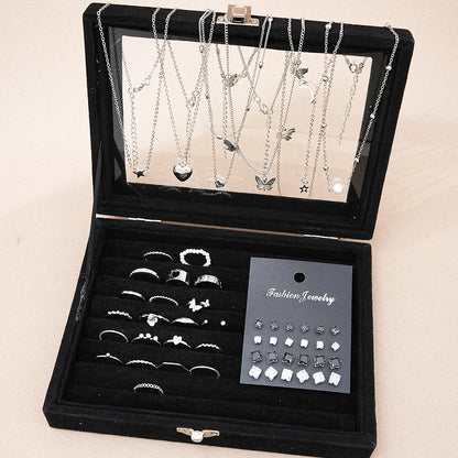 51Pcs Silver Butterfly Pearl Jewelry Set - Chic Heart Necklace Earrings Rings Fashion Accessories for Women Daily Wear