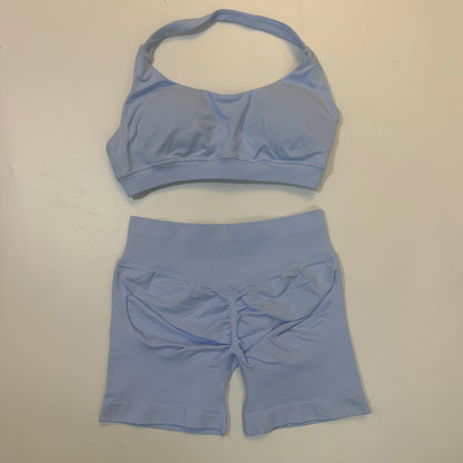2PCS Seamless Yoga Workout Set – Scrunch Shorts & Halter Sports Bra Gym Fitness Outfit