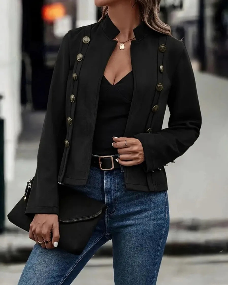 Vintage Women's Black Double-Breasted Jacket Coat – Casual Long-Sleeve Deerskin Fashion for Fall & Winter