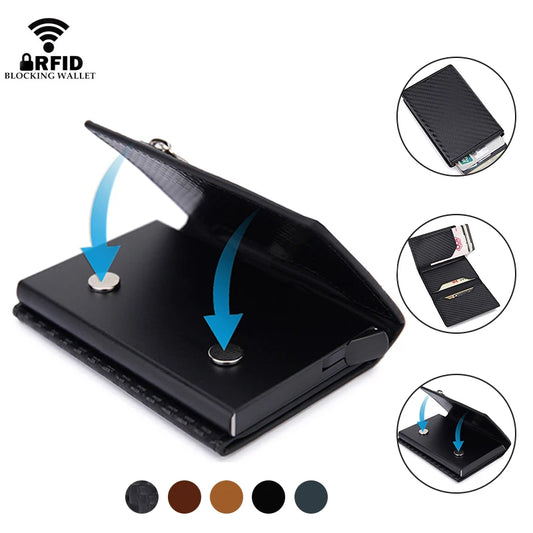 RFID Carbon Fiber Card Holder Wallet: Slim Thin Metal Leather Mini Wallet for Men - Black Purse, New Design