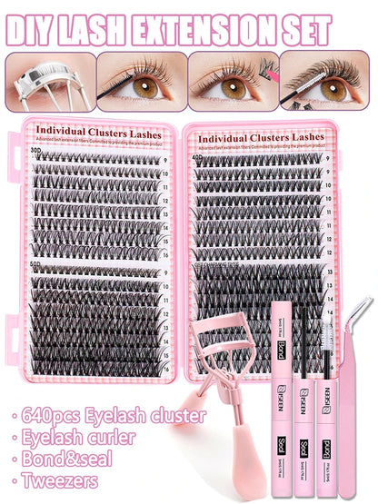 640pcs Individual Lashes DIY Eyelash Extension Kit – False Lashes, Bond & Seal, Tweezer, Eyelash Curler Makeup Tool Set