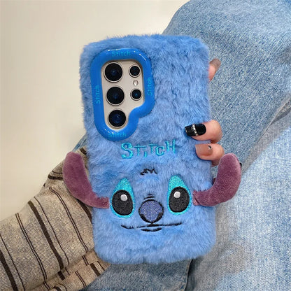 Cute Cartoon Stitch Plush Phone Case with Lens Holder – Shockproof Cover for Samsung Galaxy S23/S24/S25 Plus Ultra A56