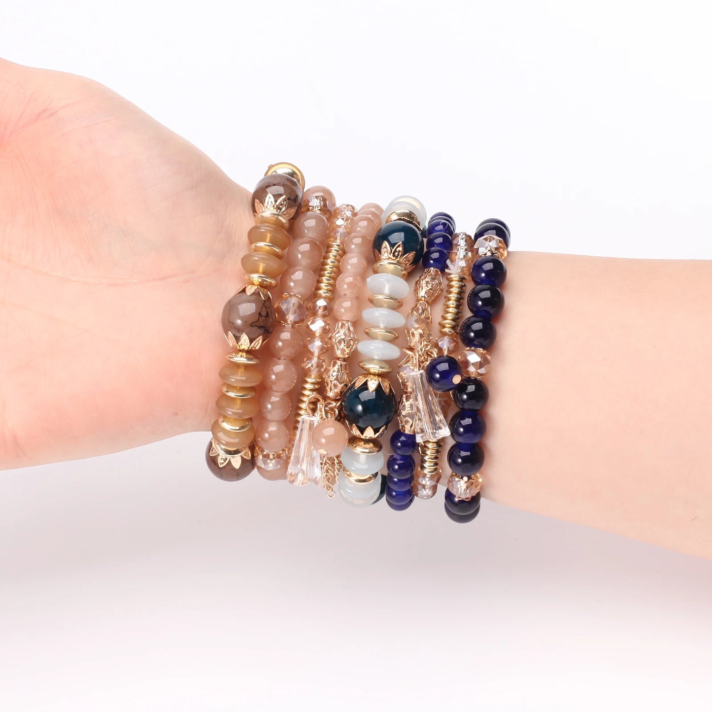 Bohemian Stackable Bead Bracelets for Women - Multilayered Pendant Charm Stretch Bangles
