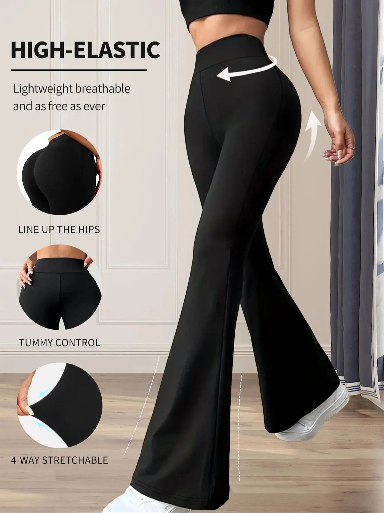 Women's High-Waisted Flared Pants - Slim-Fit Lightweight Wide-Leg Black Trousers