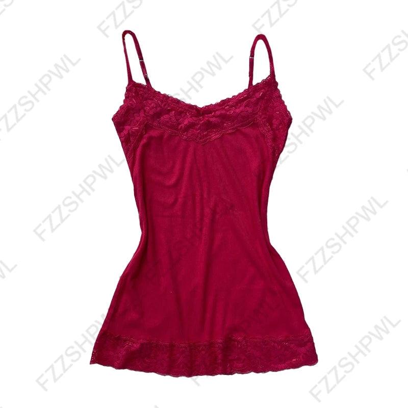 Women’s Grunge Punk Gothic Camisole Top – Y2K V-Neck Bow Lace Slim Fit Crop Cami Streetwear