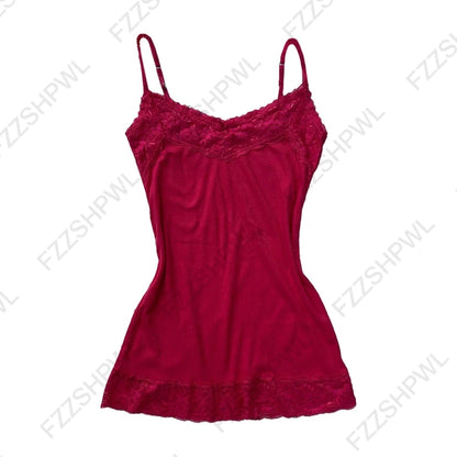 Women’s Grunge Punk Gothic Camisole Top – Y2K V-Neck Bow Lace Slim Fit Crop Cami Streetwear
