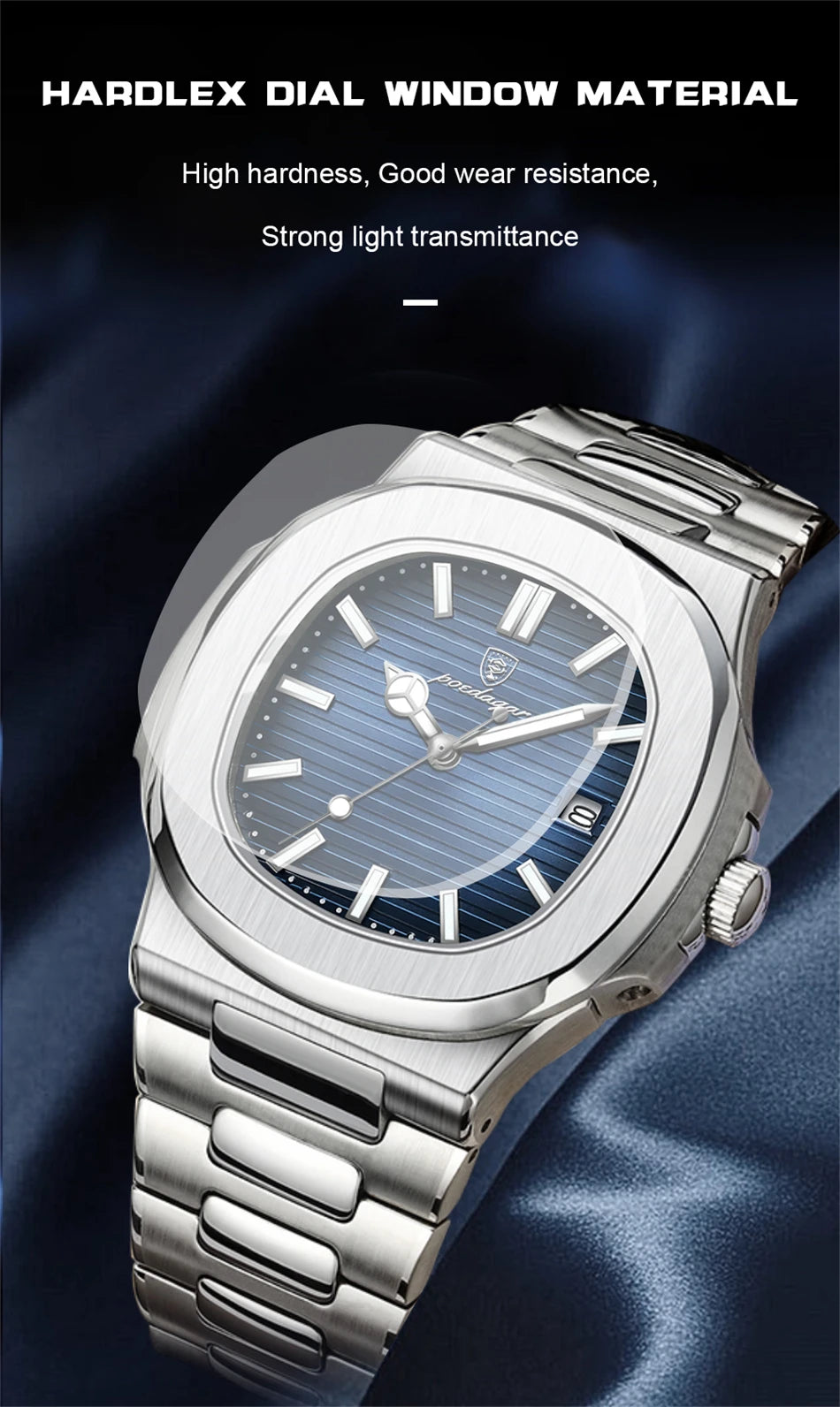 POEDAGAR Luxury Men's Watch – 30ATM Waterproof, Stainless Steel Square Quartz, Luminous Date, Business reloj hombre