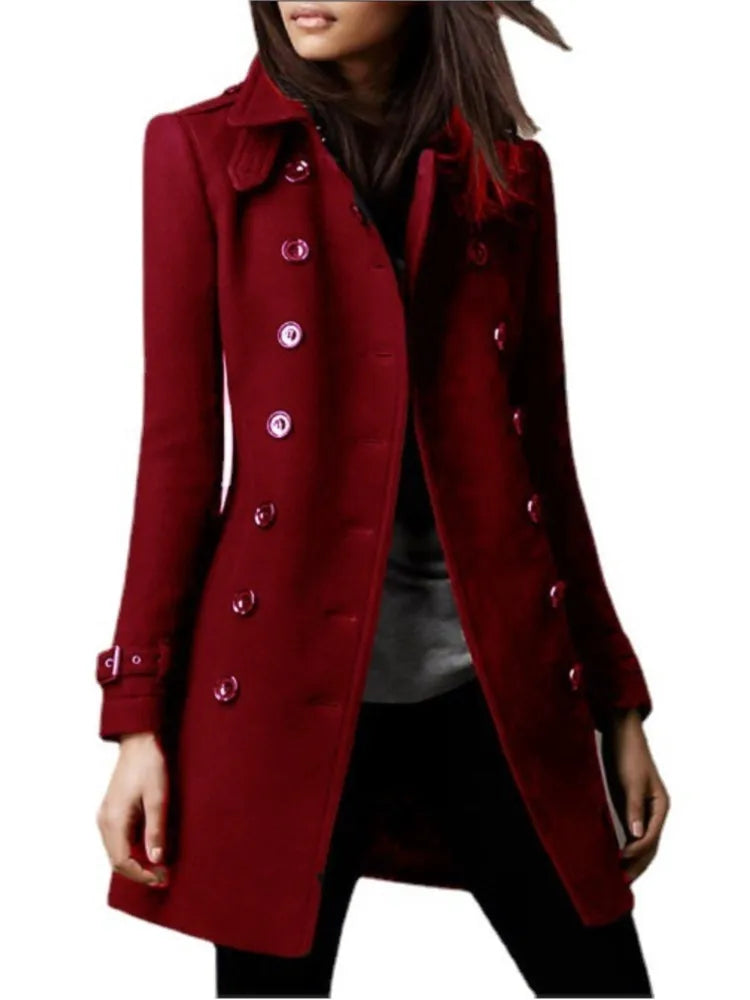 Winter Ladies Woolen Jacket – Double-Breasted Flap Lapel, Slim Fit, Elegant Solid Top Coat, Lined Women’s Outerwear 2024