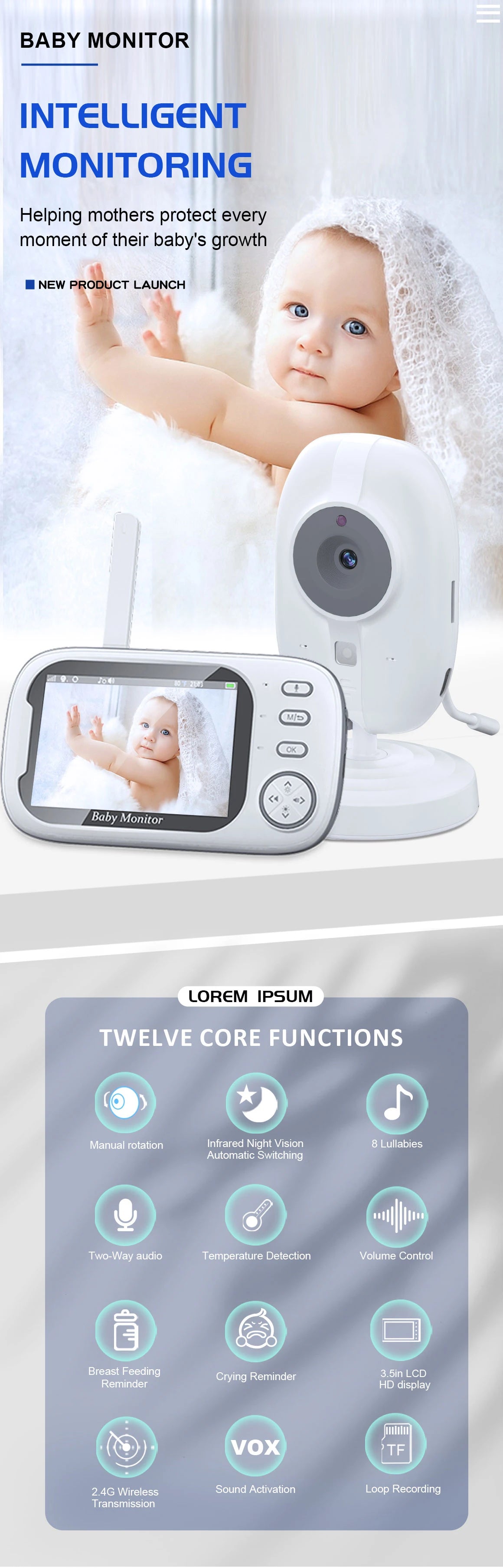 3.5" Video Baby Monitor — Night Vision, 2.4G Two-Way Audio, Temperature Display, Home Security Camera