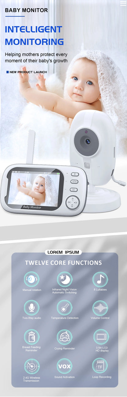 3.5" Video Baby Monitor — Night Vision, 2.4G Two-Way Audio, Temperature Display, Home Security Camera