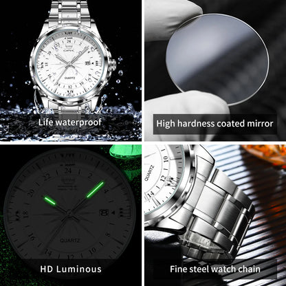 OPK Men's Quartz Watch — Steel Belt Dual Calendar Wristwatch Model 6003