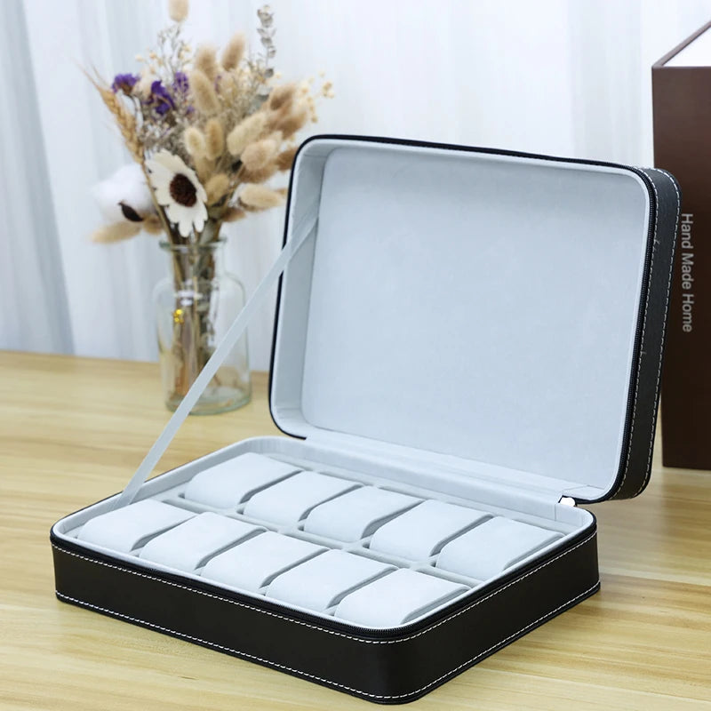 Portable Watch Storage Box Organizer - 6/10/12 Grid Zipper Display Case for Watches & Accessories