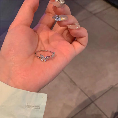 Acrylic Crystal Butterfly Ring - Adjustable Silver-Tone Zircon Fashion Ring for Women, K-Pop Party Jewelry