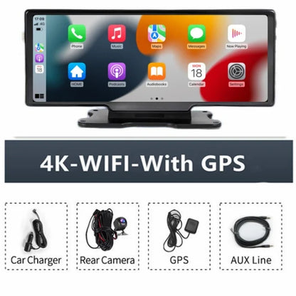 4K 10.26-Inch Dash Cam with Rearview Camera – WiFi CarPlay & Android Auto DVR, GPS Navigation, Dual Lens Mirror Recorder with AUX