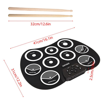 Portable 9-Pad Electronic Drum Set with MIDI – Roll-Up Digital Drum Kit with Pedals & Drumsticks