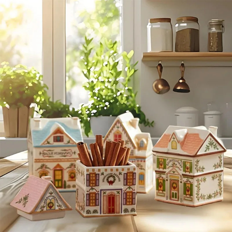 Christmas Holiday Village Spice House Set – Mini 6cm Home Decor for Kitchen, Spices & Tabletop Xmas Ornaments