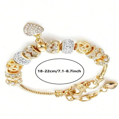 Obega Love Heart & Flower Glass Pendant Charm Bracelet - Adjustable Pink & White Crystal Stone Bead Bracelet in Silver/Gold
