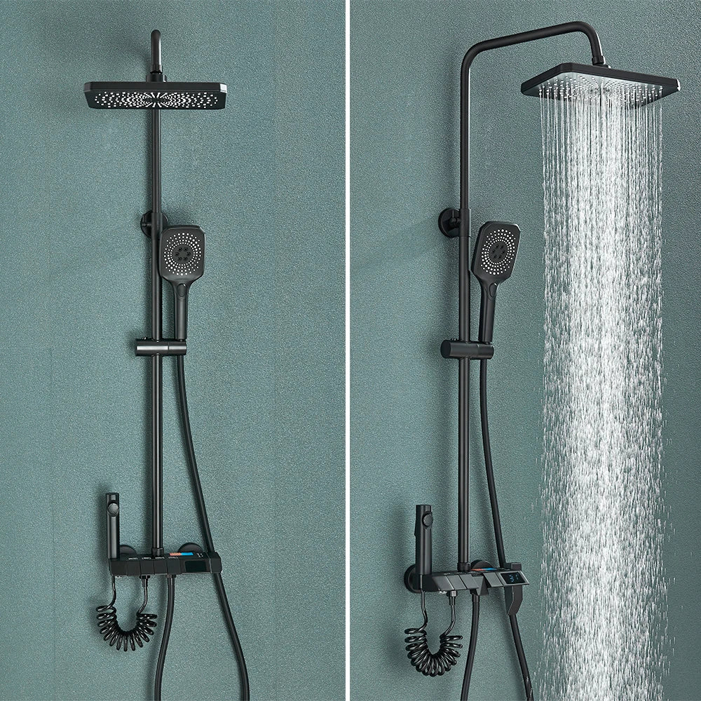 Rozin Black Smart Digital Display Shower Faucet Set - Piano Style Rainfall Bathroom System with Grey Digital Mixer Tap & Bidet Shower
