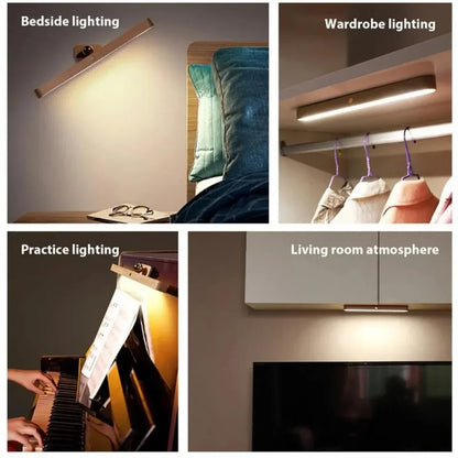 Wooden Cordless LED Wall Lamp - Adjustable Bedside Mirror & Reading Light for Bedroom Decor