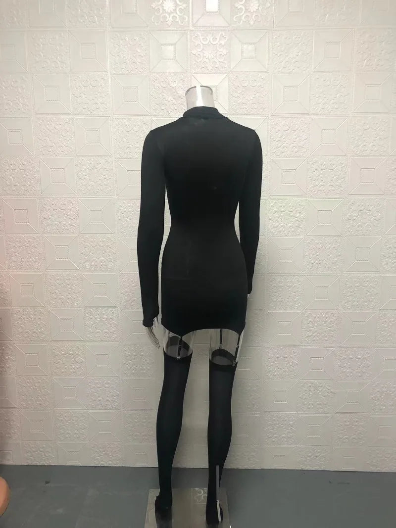 Women's Bodycon Mini Dress Set - Turtleneck Long Sleeve Dress with Gloves & Stockings