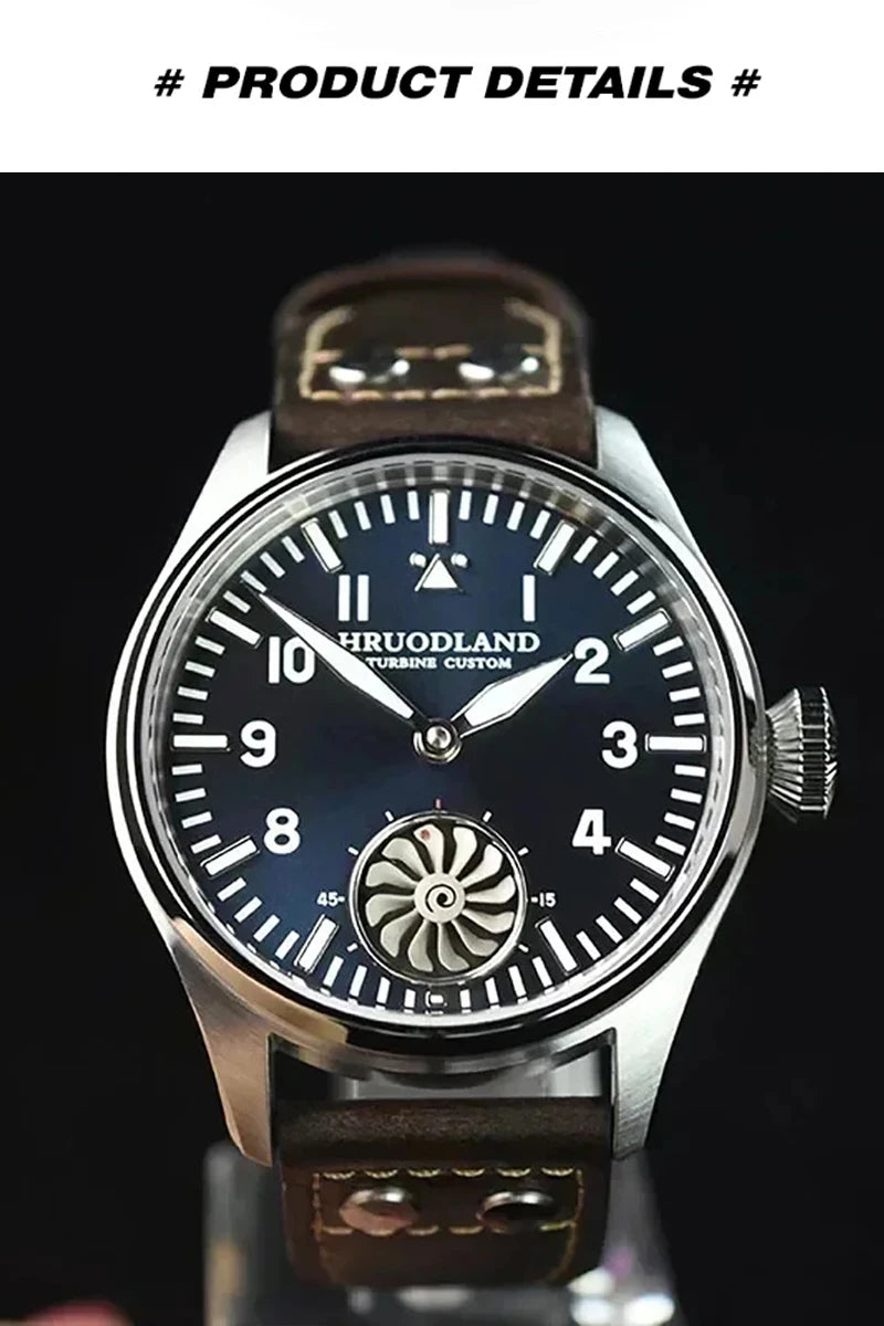 Hruodland 43MM Pilot Men’s Manual Mechanical Watch — Sapphire Crystal, BGW-9 Night Light, Turbine Design, Waterproof 5Bar
