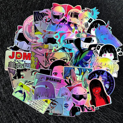 JDM Anime Girl Holographic Stickers - Rainbow Vinyl Decals for Car Windows, Motorcycles, Helmets, and Windshields