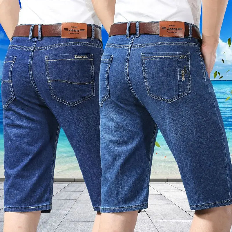 Men's Embroidered Denim Shorts - Summer Thin Straight Leg Casual Blue Jean Shorts