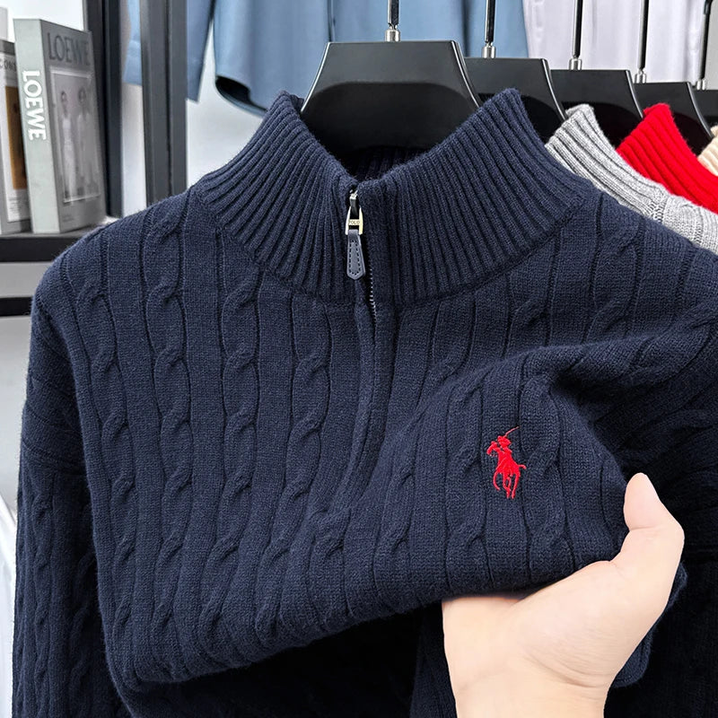 Heshi Men's Vintage Zipper Sweater - Stand Collar 3D Embroidery Autumn Winter Knitwear Casual Pullover