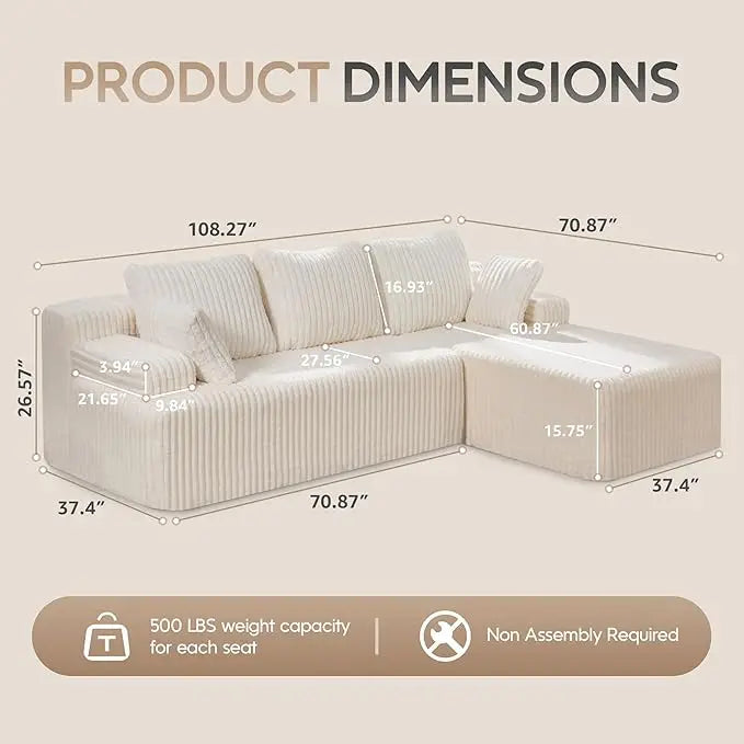 Modular L-Shaped 3-Seat Sectional Sofa — Memory Foam, Deep Seating & Storage