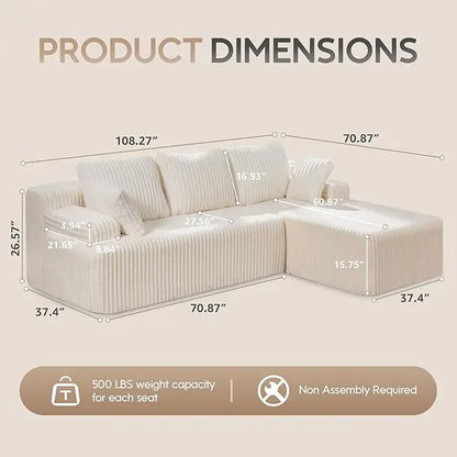Modular L-Shaped 3-Seat Sectional Sofa — Memory Foam, Deep Seating & Storage