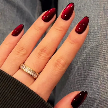 24PCS Glossy Red Cat Eye Press-On Nails Almond Full Cover Reusable Fake Nail Set