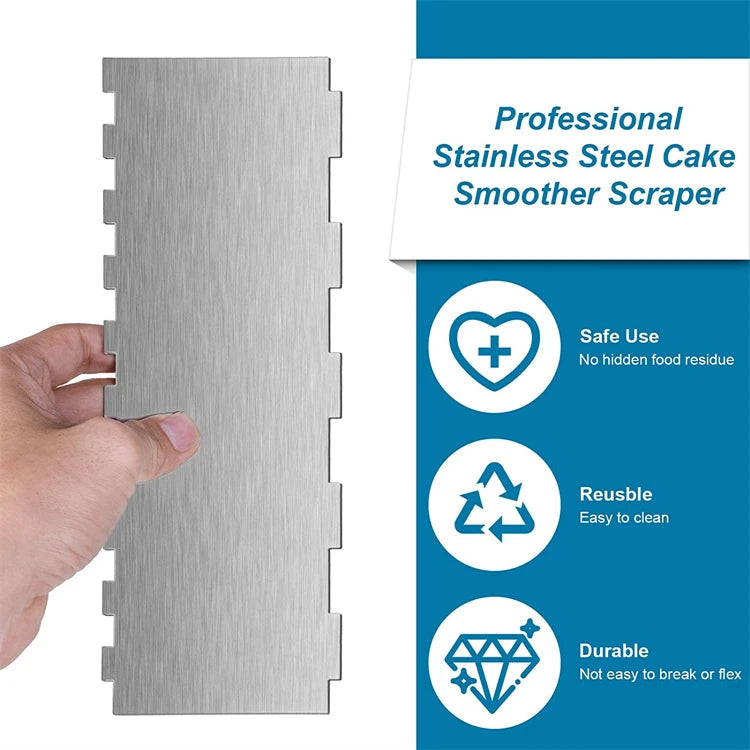LMETJMA 10" Stainless Steel Cake Scraper – Double-Sided Patterned Edge Smoother & Pastry Cutter JT160