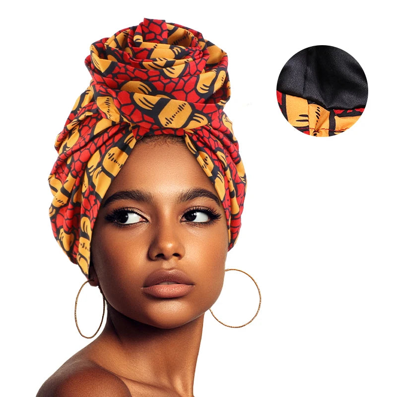 African Satin Lined Turban Cap - Floral Print Big Flower Headwrap Bonnet for Women Muslim Headscarf Beanie Hat