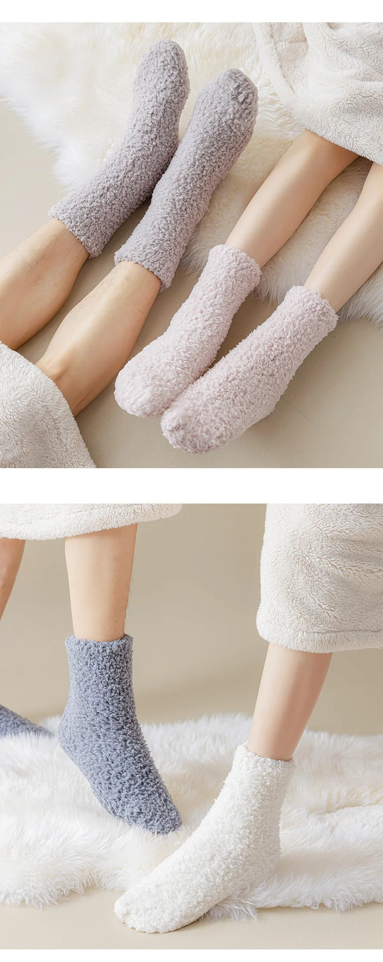 3 Pairs Unisex Plush Slipper Socks — Thick Winter Coral Fleece Cozy Mid-Calf Socks for Couples
