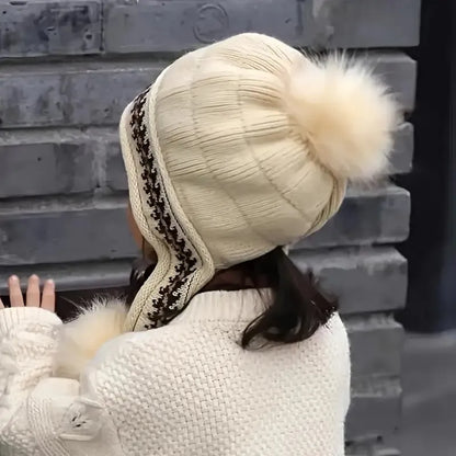 Cozy Knit Fleece Beanie with Ear Flaps & Pompom — Warm Winter Hat for Women, Ideal for Skiing & Outdoors