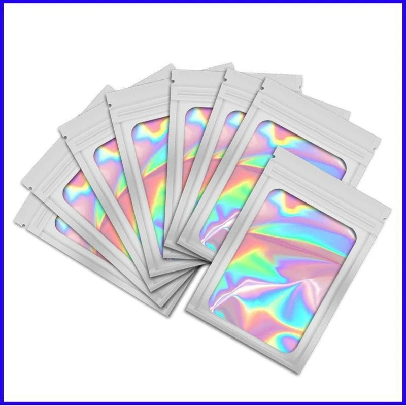 50pcs Thick Smell-Proof Mylar Bags – Holographic Laser Color Plastic Packaging Pouch, Zip Lock for Jewelry & Gifts
