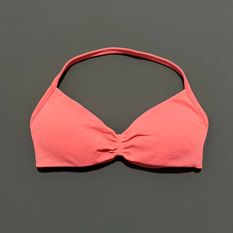 Histello Women’s Strappy Sports Bra - Seamless High-Support Yoga, Running and Workout Halter Top