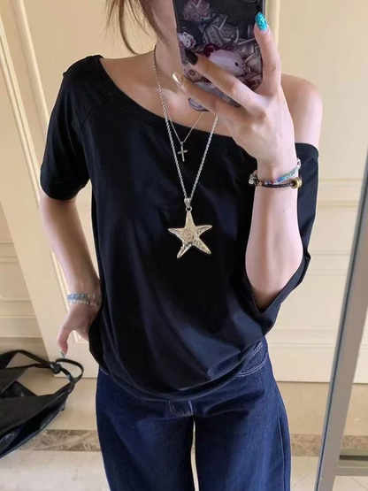 Off Shoulder Solid T-Shirt for Women - Casual Loose Summer Street Style Top