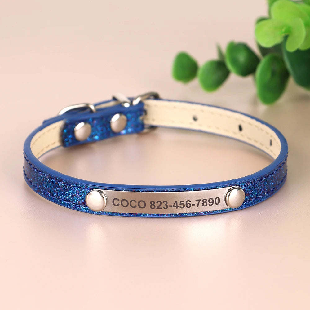 Personalized Cat Collar — Bling PU Leather Adjustable Collar with Custom ID Necklace for Cats, Kittens & Small Dogs